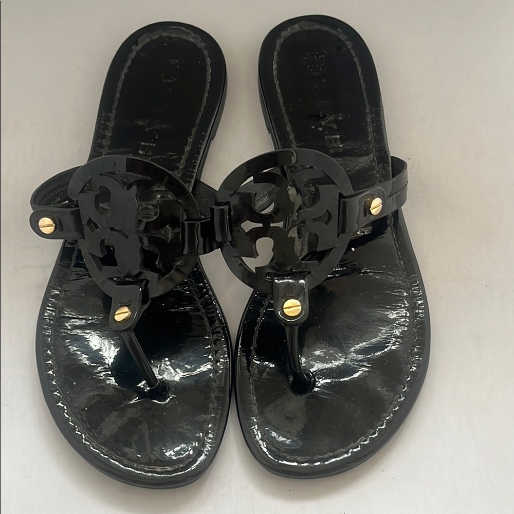 Tory Burch Black Patent Miller Sandals Flip Flops 7.5 Ladies